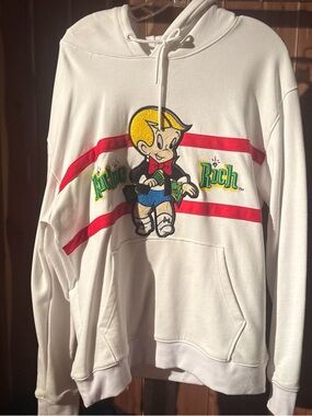 Rich Rich Graphic White Hoodie with Red Stripe Accents